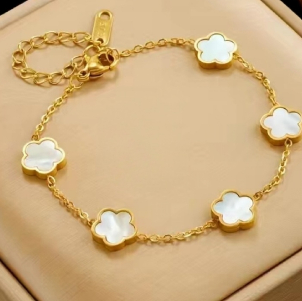 18K Gold Plated Five Petal Flower Bracelet in White Enamel